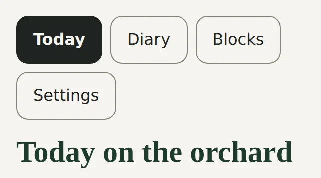 The top of Harvest's Today screen, demo data: the Today, Diary, Blocks and Settings buttons and the heading Today on the orchard.